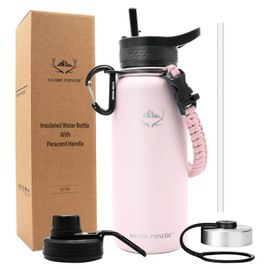 NATURE PIONEOR Insulated Water Bottles with Paracord Handle - 32 oz Vacuum Sports Wide Mouth Water Bottle with 3 Lids, Leak Proof Stainless Steel Keeps Hot and Cold
