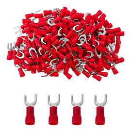 Runseaway 200PCS 22-16 AWG Insulated Fork Spade Wire Connectors, Red U-Type Electrical Crimp Terminals, Tinned Copper, M5 Stud Size, Ideal for Automotive Electrical Applications