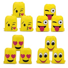 Emoji Bags for Kids (12Pack), Emoji Cartoon Gift Drawstring Backpack Bags Pouch, Goodie Bags for Children Girls and Boys Birthday Party Favor Bags(4 Styles Random shipments）