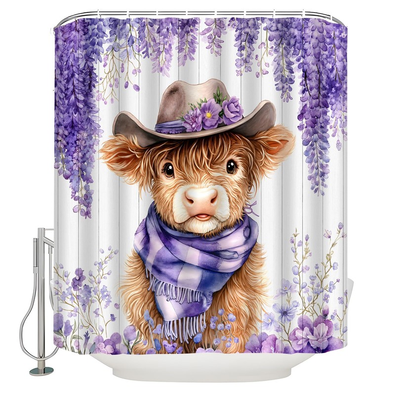 UPUMKSK Cute Highland Cow Shower Curtain Purple Flower, 70x70 Inch