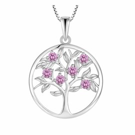 Tree of Life Charm Pendant Necklace - 925 Sterling Silver with AAA pink Cubic Zirconia, Rhodium Plated, 42+3 cm (16.54+1.18 inches) Chain, Elegant Spiritual Jewelry Gift for Women, Wives, Friends - Perfect for Weddings, Birthdays, Anniversaries, Engageme