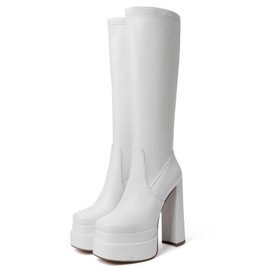 RONILURN Women GOGO Platform Knee High Tall Boots - Chunky High Heel Boots for Women, Square Toe, Side Zipper, Long Shoes