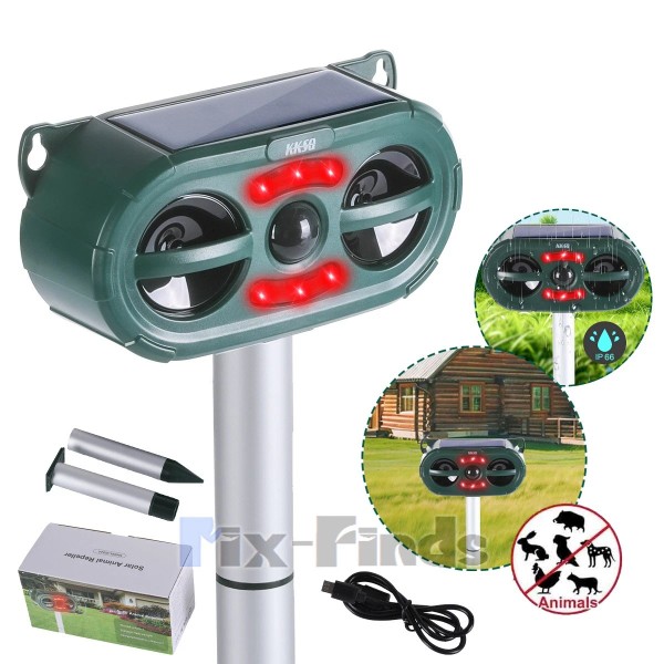 KKSQ Ultrasonic Animal Repeller Solar w/ Flashing LED PIR Sensor