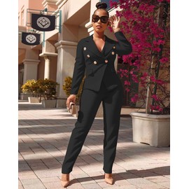 Dmoled Women's Business Blazer Suit Long Sleeves Two Piece Solid Work Pant Suit Business Office Lady Suits Sets Black