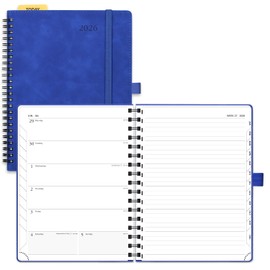 POPRUN 2026 Diary A5 Week to View Spiral Bound PU Leather Soft Cover 22 x 16.5 cm Appointment Work Book - 26 Weekly Planner & Notebook in One, Monthly Tab (Royal Blue）