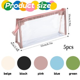 5 Pcs Clear PVC Pencil Cases with Zipper, Set of 5 Colours, Large Capacity Waterproof Transparent Storage Pouches