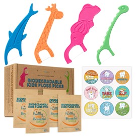 Biodegradable Kids Flossers -200 Pack, Natural Kids Floss Picks, Fluoride Free, Biodegradable Floss Pick, Organic Animal Dental Floss Picks, Dental Floss Sticks - 4 Fun Animal Designs