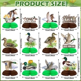Sonwyoung 12 Pcs Mallard Duck Birthday Decorations one lucky duck birthday decorations Duck Hunting Baby Shower supplies Mallard Honeycomb Centerpieces for 1st Birthday Party