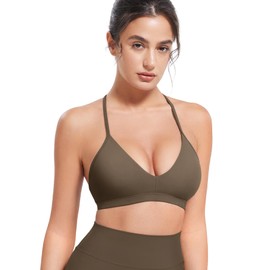 HIGORUN Workout Sports Bras for Women Backless Padded V Neck Strappy Bra Low Impact Y Back Gym Yoga Tops Coffee