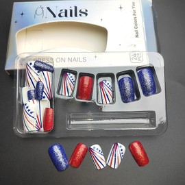 Red Blue Glitter Press on Nails Medium Square Independence Day Fake Nails with Blue Five-Pointed Star Design Line Glue on Nails 4th of July Glue on Nails Patriotic Stick on Nails for Women Girls 24Pcs