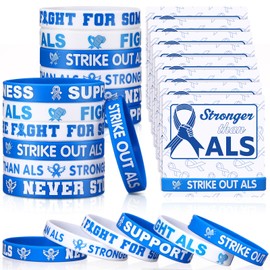 Humyoun 60 Pcs ALS Awareness Silicone Wristbands with Cards Include 30 ALS Awareness Wristband 30 MND Blue & White Stripes Ribbon Cards for Inspirational Favors Charity Supplies