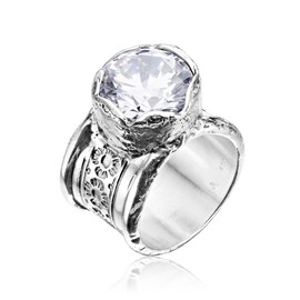 925 Sterling Silver Ring with Cubic Zirconia - Wide CZ Floral Textured Vintage Design - Hypoallergenic, Nickel & Lead-free Artisan Handcrafted Designer Collection - Made in Israel (Size 5-11)