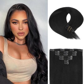 Bellecho Clip in Hair Extensions Real Human Hair, Silky Straight Real Remy Human Hair Extensions Clip ins, Black Clip in Extensions for Women, 20inch 120g 7Pcs, 1# Jet Black