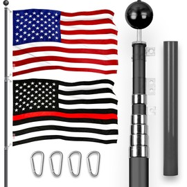 G128 Combo Pack: 25 Ft Telescoping Aluminum Flagpole (Black) & American and Thin Red Line Flags 3x5 Ft, Both ToughWeave Series Embroidered Polyester | Pole with Flags Included