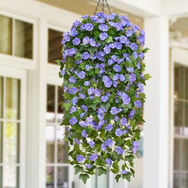 Artificial Hanging Flowers for Outdoors, Faux Plants Outdoor UV Resistant, Hanging Baskets with Artificial Flowers for Planters, Artificial Petunias, Spring Summer Porch Patio Decorations Outdoor
