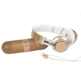 GabbaGoods 3 Piece Metallix Electronics Gift Combo Set- Includes a Gabba Goods Bluetooth Wireless Audio Sound Speaker, Over The Ear Bluetooth Foldable Headset, & Earbuds with Built-in Mic- Gold