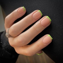 KQueenest Soft Gel Press On Nails French Tip - 30 Stück Neon Grün Nägel zum Aufkleben Kurz Eckig, Natürlich Fake Nails Künstliche Fingernägel, Glänzende Acryl Full Cover French Nägel für Frauen