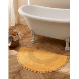 Half Circle Bohemian Bathroom Rug with Handwoven Chrochet Border, Beautifully Handcrafted 100% Cotton Mat - 22x42", Round Boho Bedroom Rug, Boho Bathroom Décor, Machine Washable - Honey Mustard