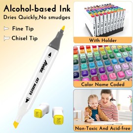 ABEIER Alcohol Markers, 60 Colors Dual Tip (Fine & Chisel) Art, Coloring Markers for Adults Kid, Ideal for Book Drawing Sketching Painting, Card Making, Includes 1 Colorless Blender