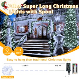 Ollny Outdoor Christmas Lights 1000LED 328FT, Cool White Fairy Lights IP67 Waterproof, Plug in String Light with Remote 8 Modes Timer, Xmas Light for Outside Indoor House Tree Decorations