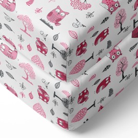 Bacati Owls Girls Cotton 2 Pack Cotton Printed Crib Fitted Sheets, Pink/Grey