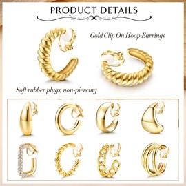 YADOCA 9 Pairs Gold Clip on Hoop Earrings for Women 14K Gold Plated Twist Waterdrop Chunky Hoop Clip Earrings No Piercing Fake Earrings Set