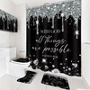 Newsely 4Pcs Black Silver Diamonds Quotes Shower Curtain Set with