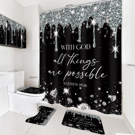 Newsely 4Pcs Black Silver Diamonds Quotes Shower Curtain Set with Non-Slip Rugs, Toilet Lid Cover and Bath Mat, Abstract Modern Shower Curtain with 12 Hooks, Bible Verse Curtain for Bathroom Decor