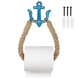 Beach Nautical Toilet Paper Roll Holder Coastal Wall-Mounted Rope Towel Holder with Metal Hook for Bathroom Decor Accessories, Natural Rustic Jute Rope with Anchor Pirate Seaside Themed (Blue)