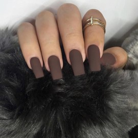 Matte Dark Brown Press on Nails Medium Long Square,KQueenest Pure Solid Colors Coffin Nails Press on Acrylic Fake Nails Natural Thick Glue on Nails,DIY Fall Winter Salon Manicure Nail Art Design Gifts for Girls