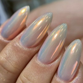 Chrome Press on Nails Long Almond False Nails Aurora Mirror Glue on Nails Artificial Acrylic Nails for Women Girls