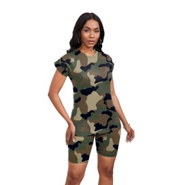 PINSV Women 2 Piece Outfits Summer Sweatsuits Track Suits Biker Short Workout Jogger Sets Camouflage 2XL