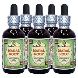 Maral Root (Rhaponticum Carthamoides) Glycerite, Organic Dried Roots Alcohol-Free Liquid Extract (Brand Name: HerbalTerra, Proudly Made in USA) 5x2 fl.oz (5x60 ml)