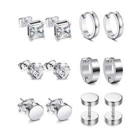 YZstyle 6 Pairs Stud Earrings Hoop Earrings for Men Women Stainless Steel Huggie Earrings Set Piercing (6 Pairs SilverER0029)