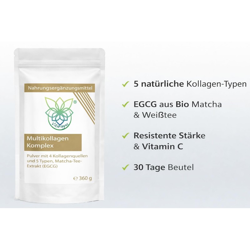 Vitaragna Multi-Collagen Complex Powder with 5 Collagen Types, Matcha, White