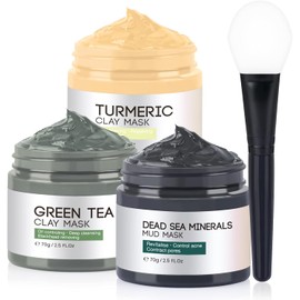 Clay Mask, Face Masks Skincare, Turmeric Clay Face Mask, Dead Sea Mud Mask, Green Tea Face Mask, Facial Mask Set for Deeply Cleansing, Pores, Acne, and Oil Control - 3x70g