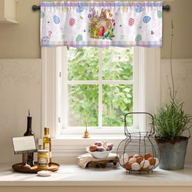 Finphoon Easter Kitchen Valances for Windows,Easter Egg Cute Rabbit Valances Curtains with Rod Pocket for Bathroom Window Home Decor, 54 x 18 in