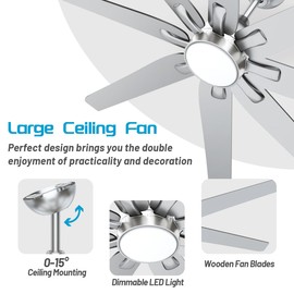 wurzee 62 Inch Ceiling Fan with Light, Brushed Nickel 3CCT Reversible DC Motor, Dimmable Timing 6 Speed, Large Ceiling Fan for Factory Warehouse