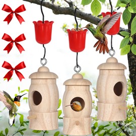 Hummingbird House,Wooden Hummingbird Houses for Outside for Nesting, Hummingbird Houses with Red Feeder Ribbons Gardening Gifts Home Decoration,3 Pack