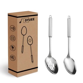 2 Pack Stainless Steel Cooking Spoon Set, Round Heat Resistant Handle Large Cooking Spoon Stainless Steel Kitchen Utensils Set for Frying, Mixing, Serving, Draining, Turning and Stirring