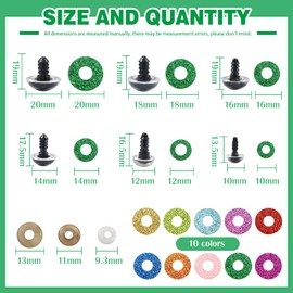 TOAOB 120pcs Glitter Plastic Safety Eyes 10mm 12mm 14mm 16mm 18mm 20mm Doll Eyes Round Assorted Colors Crafts Safety Eyes with Washers for Crochet Stuffed Animals Amigurumis Bears Dolls Making