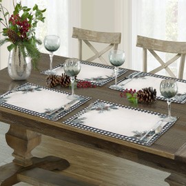 Lintex Festive Berry Black Plaid Country Rustic Bordered Christmas Placemats, Cottage Check and Holly Bordered Xmas and Holiday Print Easy Care Fabric Placemats, Set of 4 Bordered Placemat