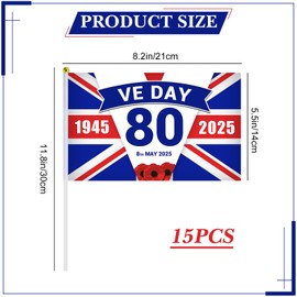 15Pcs VE Day Anniversary Hand Flags, 14 * 21cm Victory In Europe Handheld Flag, VE-Day 80th Anniversary Decorations, VE Day Hand Flags Street Party Celebrations Sporting Events Pub BBQ Decorations