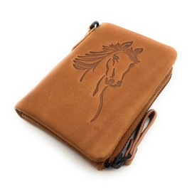 Lemasi Small Genuine Leather Wallet with RFID Protection Horse Cute Horse Motif, Waxed Cowhide, Cognac, Standard size, Contemporary