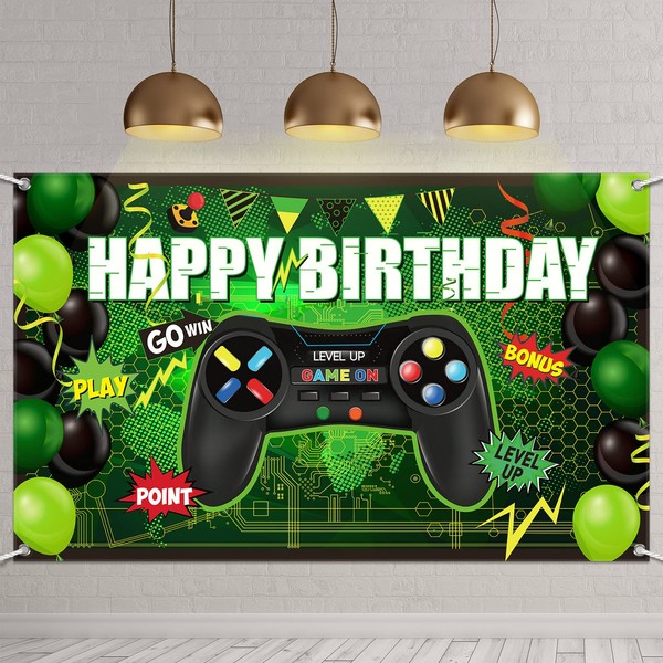 Video Game Happy Birthday Backdrop Game on Birthday Party Backdrop Banner Level up Gaming Theme Party Background Photo Props for Video Game Party Wall Decorations Supplies (Green)
