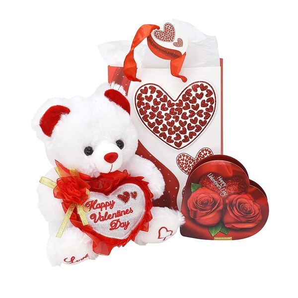 Deluxe Happy Valentines Day Plush Bear, Gift Bag And Heart Shaped Chocolates Bundle