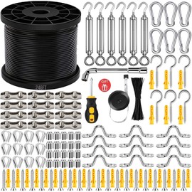 YingYa BIS 246FT Black Vinyl Coated 304 Stainless Steel Wire Rope Cable Kit – Heavy Duty Outdoor String Light Hanging Guide Wire with M5 Turnbuckle for Patio, Garden, Christmas Lights