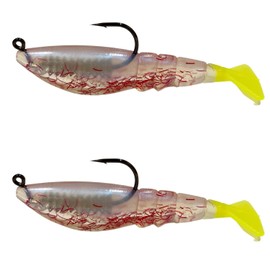 FOUR HORSEMEN TACKLE Boom Boom Shrimp Plastic Bait Saltwater Fishing Lures for Speckled Trout, Redfish - 1/8 Deathgrip Jighead Hook - Sea Biscuit (Pack of 2)