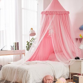 THREENTDAY Bed Canopy for Girls, Double Layer Dome Mosquito Net Princess Canopy for Girls Bed Room Decor Reading Nook (Pink)