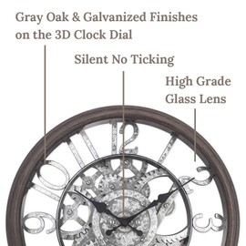 Presentime & Co 12" Farmhouse Gear Clock, Silent no Ticking, Indoor/Outdoor Clock, Weatherproof, Grey Oak and Galvanized Finish. Wall Décor/Outdoor Décor for Living Room, Kitchen, Garden, and Patio.